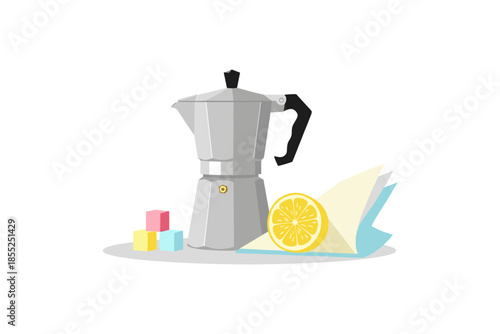Modern coffee pot with citrus and pastel cubes