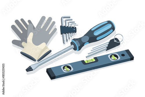 Essential hand tools set with screwdriver and level in modern isometric style
