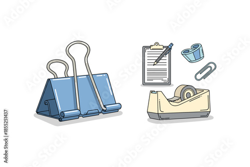 Essential office supplies collection with clipboards and tape dispenser in modern flat style