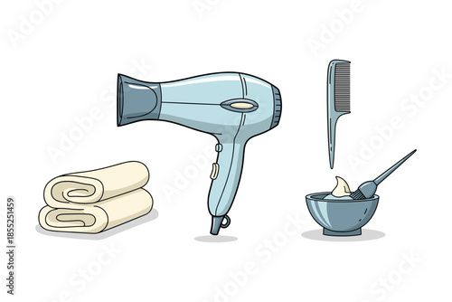 Hair styling tools with hairdryer, comb, and towel on white background