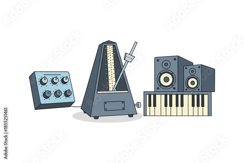 Musical equipment in flat design with metronome, synthesizer, and speakers