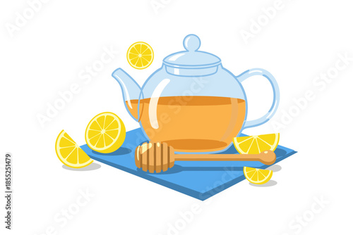 Cozy tea moment with lemon and honey on blue cloth