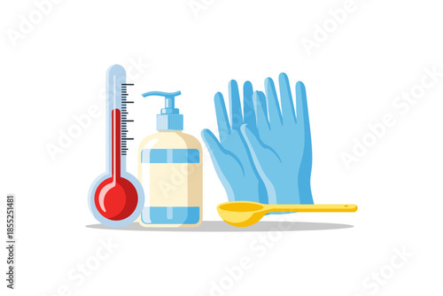 Essential medical supplies with gloves, thermometer, hand sanitizer, and spoon