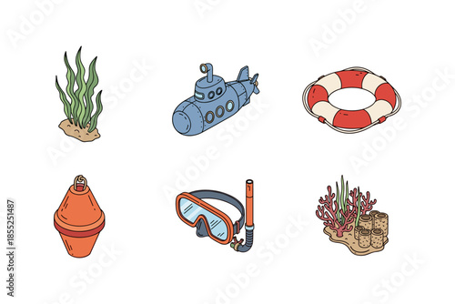 Colorful nautical icons: submarine, lifebuoy, snorkel, seaweed, coral