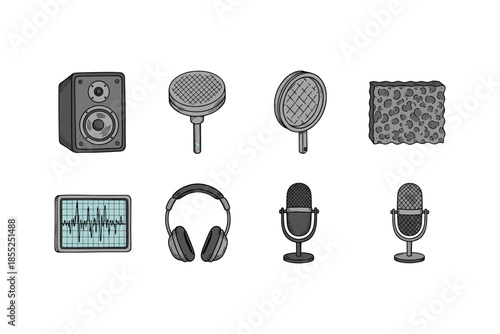 Vintage music icons: retro microphones, headphones, and sound equipment
