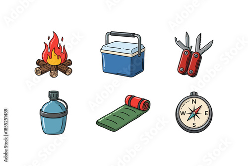 Camping essentials: hand-drawn icons of gear and tools for outdoor adventures