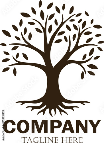 Stylized tree of life logo with roots and leaves representing growth and nature perfect for company branding and organic products