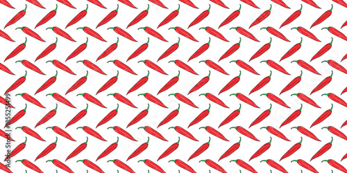 Vibrant and spicy red chili pepper pattern on a clean white background, creating a dynamic and appetizing design for culinary themes, fabric prints, or kitchen decor