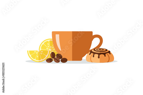 Coffee break essentials: cup, cinnamon roll, coffee beans, and lemon slices on white background