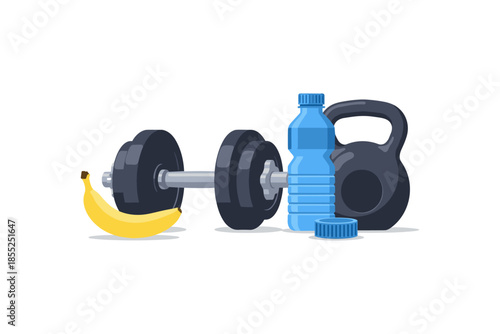 Fitness essentials: dumbbell, kettlebell, water bottle, and banana for a healthy workout