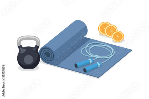 Home fitness setup with kettlebell, yoga mat, jump rope, and orange slices