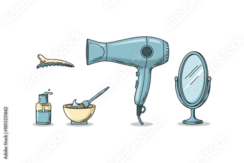 Modern beauty salon essentials: hair dryer, mirror, and accessories in hand drawn style