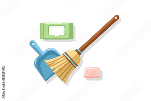 Cleaning essentials: broom, dustpan, soap, and wipes in flat design