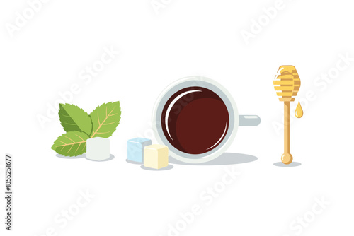 Flat design coffee cup with mint leaves, sugar cubes, and honey