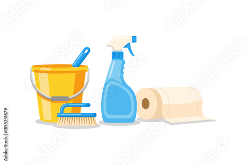 Flat design cleaning supplies with bucket, brush, spray bottle, and toilet paper