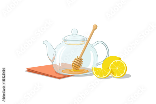 Cozy still life with glass teapot, honey, and lemons on white background