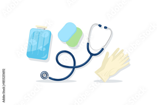 Healthcare essentials: stethoscope, medical gloves, and supplies on white background