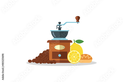 Vintage coffee grinder with beans and lemon on white background