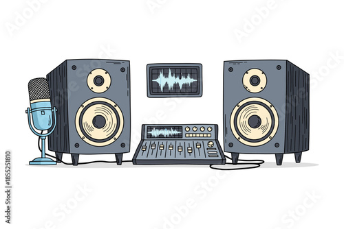 Retro audio setup with speakers, microphone, and mixing console in flat design