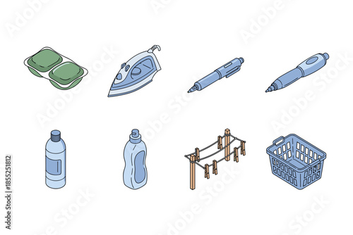 Isometric household items: laundry detergent, iron, pens, drying rack, and basket