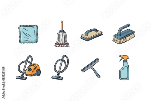 Cleaning tools collection with vacuum and spray bottle in cartoon style for home maintenance