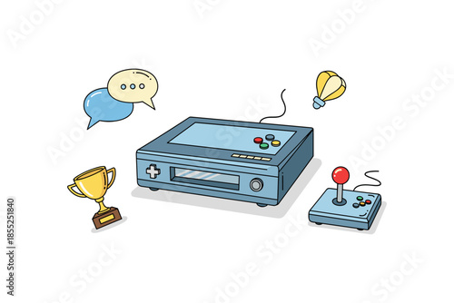 Retro gaming console with joystick and chat bubbles in colorful cartoon style