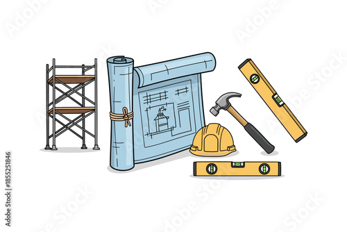 Architectural blueprint tools with scaffolding: hammer, helmet, level for construction planning