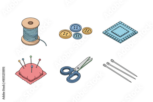 Sewing tools collection: thread, buttons, fabric, scissors, pins, needles