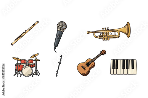Collection of musical instruments: guitar, trumpet, flute, drum, clarinet, microphone, keyboard