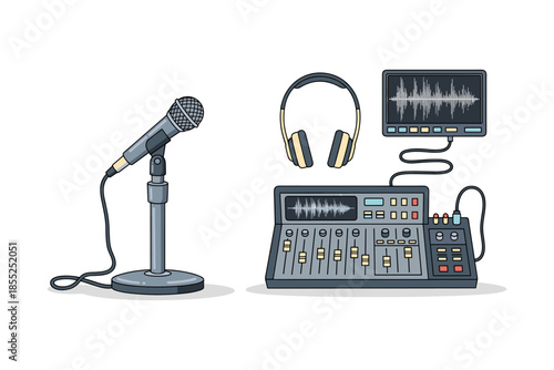 Professional audio setup with microphone, headphones, and sound mixer for studio production