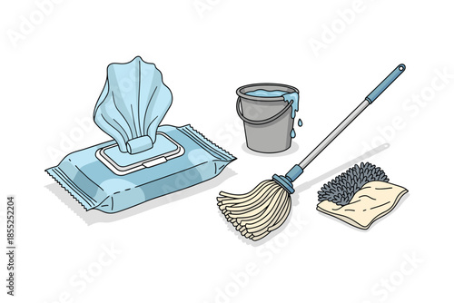 Cleaning essentials: mop, bucket, wet wipes, and sponge in hand-drawn style