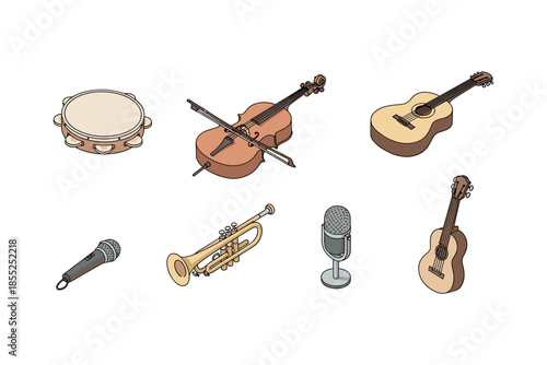 Isometric musical instrument collection: guitar, violin, microphone, trumpet, tambourine