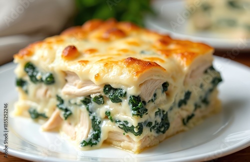 Slice of chicken alfredo lasagna with spinach and melted mozzarella cheese sits on a white plate. Layers of pasta, shredded chicken, and green spinach are visible with creamy white sauce. © Pete