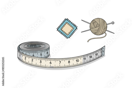 Sewing essentials with measuring tape, knitting needles, and yarn in cartoon style