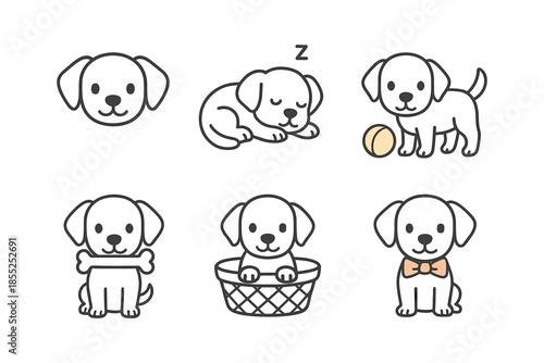 Cute puppy icons: adorable dog illustrations in minimalist style