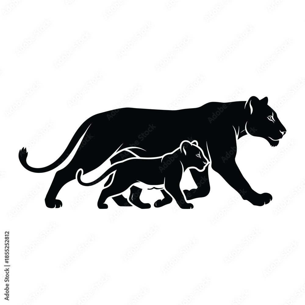 Obraz premium Majestic black panther mother and cub walking together side by side