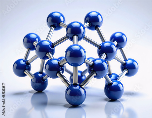 Abstract Molecular Structure Formed by Connected Blue Spheres and Metal Rods, Three Dimensional Science Visualization with Clean Symmetry