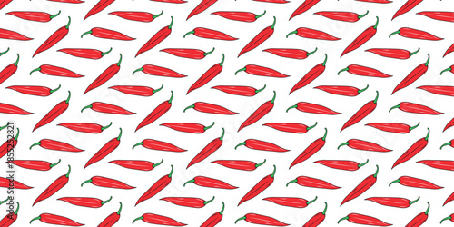 Vibrant seamless pattern illustration of red chili peppers, creating a spicy, energetic backdrop for culinary designs, food packaging, and lively textures