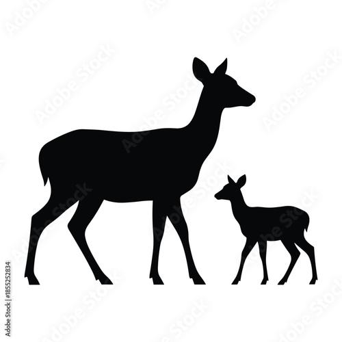 Mother and baby deer silhouette on a white background