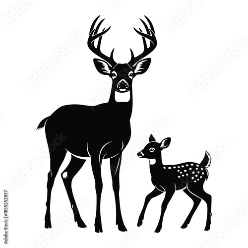 Majestic buck and spotted fawn silhouetted against a white background