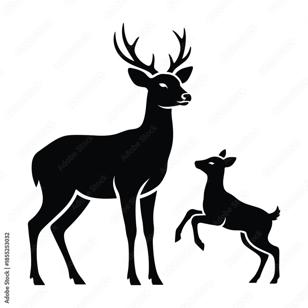Obraz premium Majestic deer and playful fawn silhouette against a white background