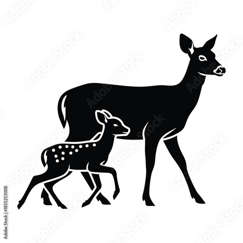 A mother deer and her spotted fawn walking together