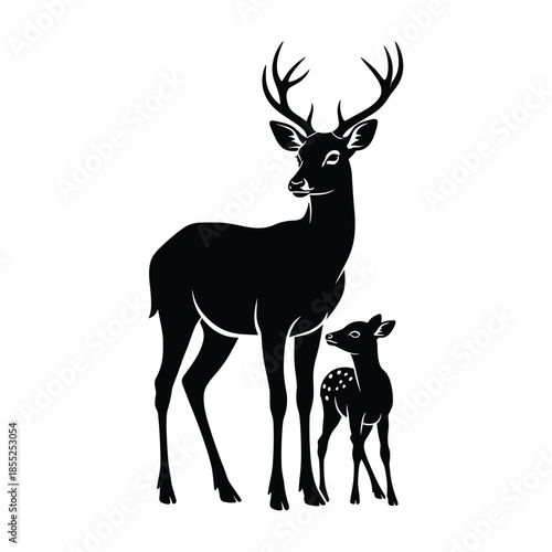 Silhouette of a majestic stag with its fawn against a white background