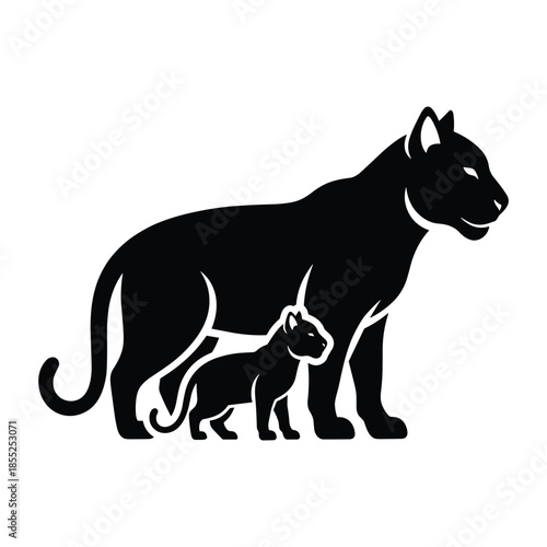 Black panther mother and cub silhouette in a protective stance