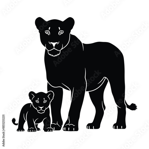 Majestic lioness and her adorable cub standing together