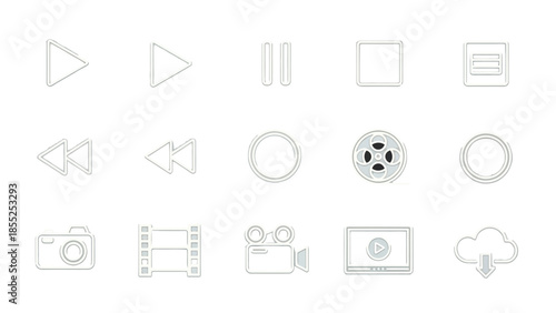 A set of light gray outline icons displays media playback and recording controls including play, pause, rewind, camera, and cloud download symbols.