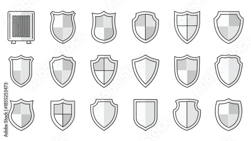 Various gray scale shield icons are displayed in three horizontal rows with one air conditioning unit graphic included on the top left.