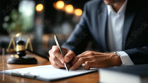 Legal counsel providing juridical guidance with symbolic justice tools faceless attorney defocused formal setting background law representation scene court process examination