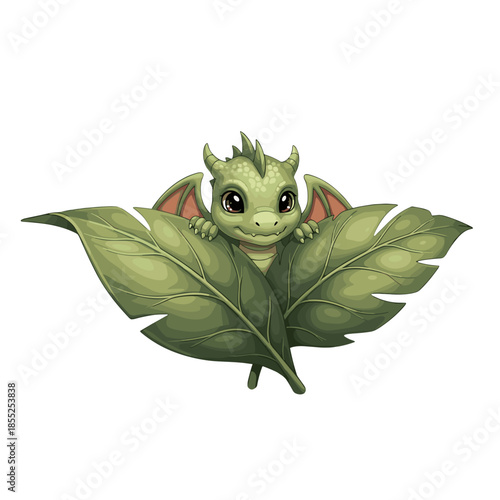 Cute baby dragon illustration with a curious expression hiding behind leaves on a transparent background