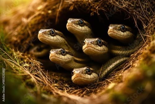 A group of snakes are in a nest